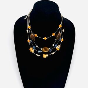 Chico's Navy Orange Floating Stone Layered Bib Necklace NWOT